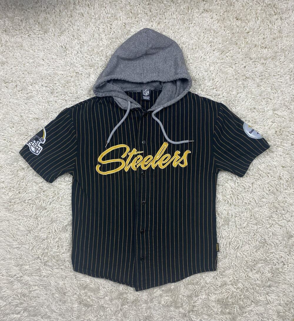 Pittsburgh Steelers Pinstripe Hooded Jersey Shirt NFL Team Apparel Mens S 33